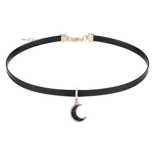 Telooco Choker Kette Gothic Punk Lederkette Halloween Trachtenkette Damen Verstellbar Schwarz Lederhalsband Vintage 80er 90er Leder Halskette mit Mond Anhänger für Damen Halloween Cosplay von Telooco