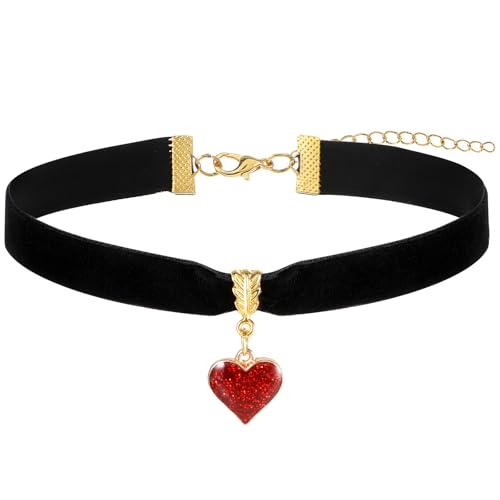 Telooco Gothic Halsband Damen Vintage Herz Trachtenkette Damen Verstellbare Samt Halskette mit Herzanhänger 90er Jahre Klassische Herz Halskette Valentinstag Halloween Schmuck (Rot Herz) von Telooco