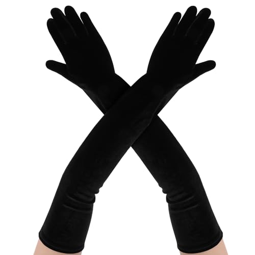 Telooco Schwarze Handschuhe Damen Samthandschuhe Halloween Handschuhe Ellenbogenlänge Vintage 80er 90er Party Samt Opernhandschuhe Elegant Fingerhandschuhe für Hochzeit Karneval Maskeraden von Telooco