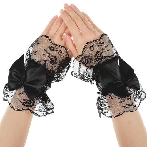 Telooco Spitzenhandschuhe Schwarz Fingerlose Handschuhe Damen Spitze Halloween Handschuhe mit Schleifen Vintage Braut Hochzeit Spitzenhandschuhe Goth für Teeparty Abendessen Beerdigung von Telooco