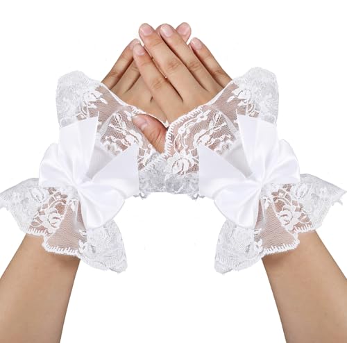 Telooco Spitzenhandschuhe Weiß Fingerlose Handschuhe Damen Spitze Halloween Handschuhe mit Schleifen Vintage Braut Hochzeit Spitzenhandschuhe Goth für Teeparty Abendessen Beerdigung von Telooco