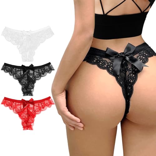 Telooco Spitzenhöschen Damen 3er Pack Braut Spitzen Tanga Sexy Spitzenhöschen Unsichtbarer Sexy Spitzen String Damen Unterwäsche Spitze Tangas mit Spitzenschleife (Schwarz Weiß Rot, L) von Telooco