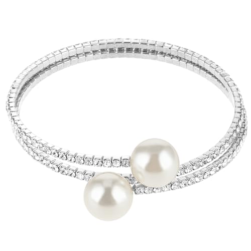 Telooco Strass Armband Damen Glitzer Tennis Armreif Perlen Offenes Armband Verstellbar 2 Reihen Strass Armbänder Hochzeit Braut Schmuck für Frauen Mädchen 1920S Stretch Armbänder (Silber) von Telooco