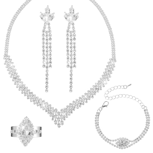 Telooco Strass Schmuckset für Damen 4 Stück Silber Strass Halskette Ohrringe Armband und Ring Brautschmuck Set Elegante Braut Hochzeitsschmuck Modeschmuck für Hochzeit Abschlussball Party von Telooco