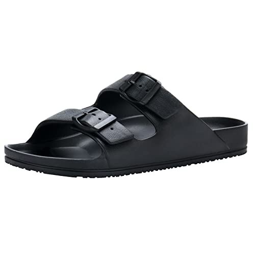 Temi Damen Slide Sandalen mit verstellbaren Doppelschnallen & mittlerer Fußgewölbeunterstützung – Komfort Sommer Strand Pool EVA Slides für Frauen, Schwarz, 37.5 EU von Temi