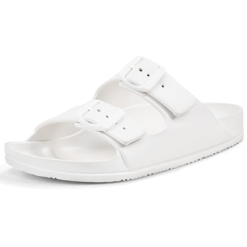 Temi Damen Slide Sandalen mit verstellbaren Doppelschnallen & mittlerer Fußgewölbeunterstützung – Komfort Sommer Strand Pool EVA Slides für Frauen, Weiss/opulenter Garten, 35 EU von Temi