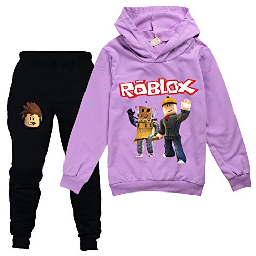 Roblox Game Sweatshirt Jungen Hoodies Mädchen Kinder Outfits Cartoon Charaktere Pullover Baumwolle Hose Kleidung 2 Stück Sets, Lila 1, 134 von Temolie