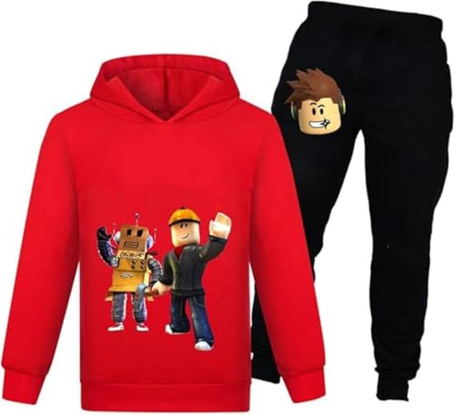 Temolie Spiel-Sweatshirt für Jungen, Kapuzenpullover, Mädchen, Kinder, Outfits, Cartoon-Charaktere, Pullover, Baumwollhose, Kleidung, 2-teiliges Set, Rot 1, 5-6 Years von Temolie