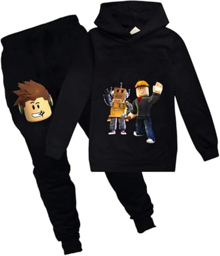 Temolie Roblox Spiel-Sweatshirt für Jungen, Kapuzenpullover, Mädchen, Kinder, Outfits, Cartoon-Charaktere, Pullover, Baumwollhose, Kleidung, 2-teiliges Set, schwarz 1, 5-6 Years von Temolie