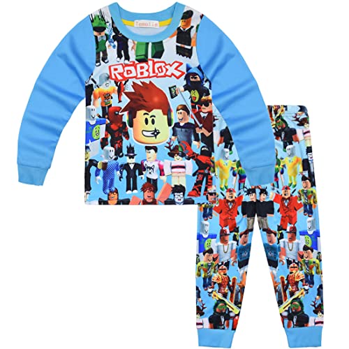 Temolie Roblox Schlafanzug für Jungen, kurzärmelig, T-Shirt, Hose, Nachtwäsche, Mädchen, 3D-Gaming-Charakter, Nachtwäsche, Kinder-Pyjama, 2 Stück, Blau 2, 110 von Temolie