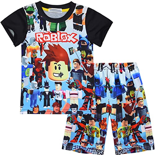 Temolie Roblox Schlafanzug für Jungen, kurzärmelig, T-Shirt, Hose, Nachtwäsche, Mädchen, 3D-Gaming-Charakter, Nachtwäsche, Kinder-Pyjama, 2 Stück, Schwarz , 134 von Temolie