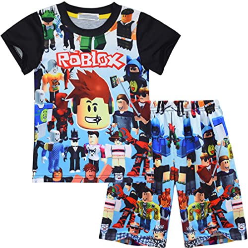 Temolie Roblox Schlafanzug für Jungen, kurzärmelig, T-Shirt, Hose, Nachtwäsche, Mädchen, 3D-Gaming-Charakter, Nachtwäsche, Kinder-Pyjama, 2 Stück, Schwarz , 7-8 Jahre von Temolie