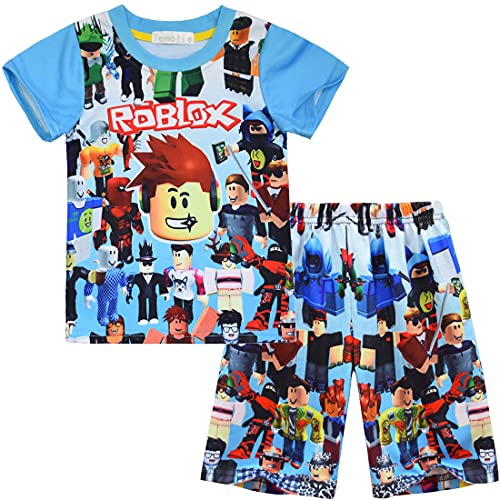 Temolie Roblox Schlafanzug für Jungen, kurzärmelig, T-Shirt, Hose, Nachtwäsche, Mädchen, 3D-Gaming-Charakter, Nachtwäsche, Kinder-Pyjama, 2 Stück, blau, 7-8 Jahre von Temolie