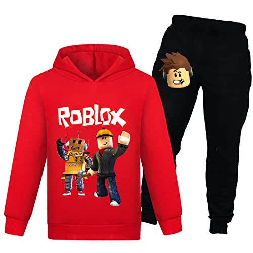 Roblox Game Sweatshirt Jungen Hoodies Mädchen Kinder Outfits Cartoon Charaktere Pullover Baumwolle Hose Kleidung 2 Stück Sets, Rot 1, 9-10 Jahre von Temolie