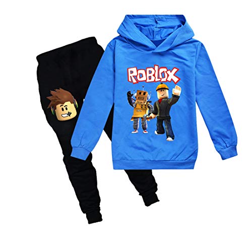 Roblox Spiel-Sweatshirt, Jungen, Mädchen, Kinder, Outfits, Cartoon-Charaktere, Pullover, Baumwolle, Hose, Kleidung, 2-teiliges Set Gr. 12-13 Jahre, Blau 1 von Temolie