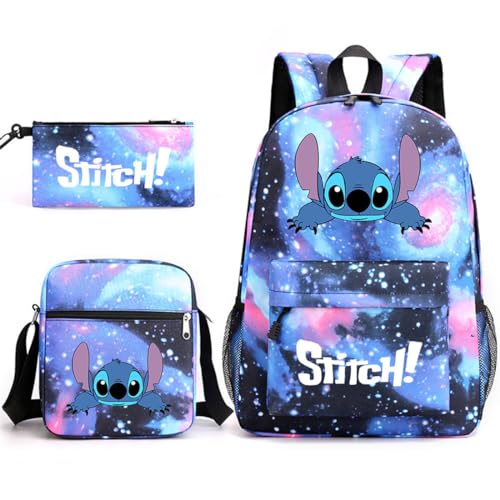 Stitch Rucksack für Kinder, Federmäppchen, Schultertaschen, Jugendliche, Cartoon, Schule, Büchertasche, modisch, praktische Tasche, geeignet für Jugendliche und Studenten, 3 Stück, Blau 1, von Temolie