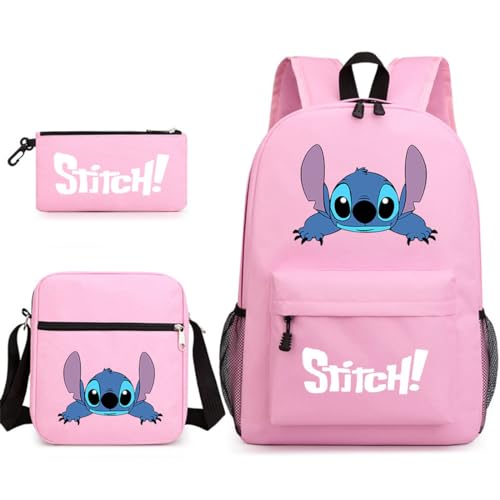 Stitch Rucksack für Kinder, Federmäppchen, Schultertaschen, Jugendliche, Cartoon, Schule, Büchertasche, modisch, praktische Tasche, geeignet für Jugendliche und Studenten, 3 Stück, rosa (1), von Temolie