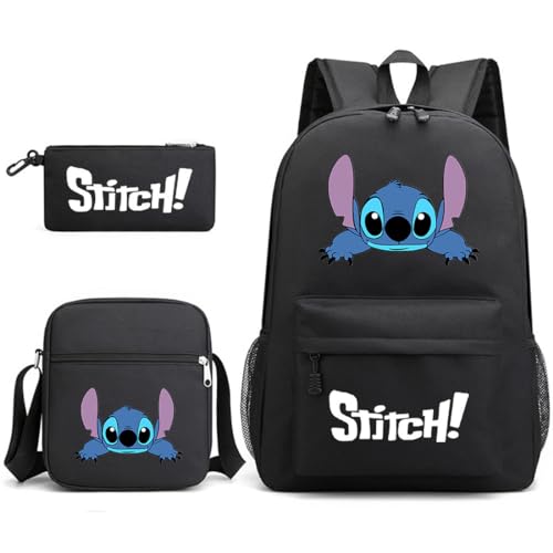 Stitch Rucksack für Kinder, Federmäppchen, Schultertaschen, Jugendliche, Cartoon, Schule, Büchertasche, modisch, praktische Tasche, geeignet für Jugendliche und Studenten, 3 Stück, schwarz 1, von Temolie