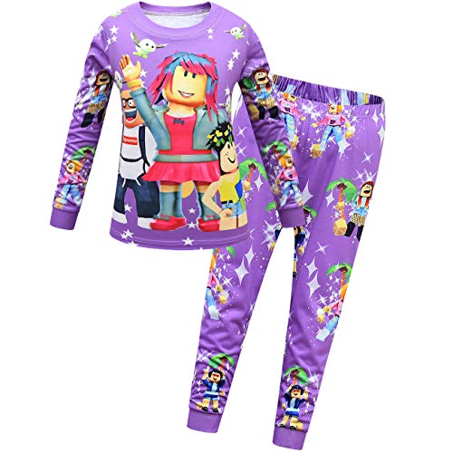 Temolie Roblox Pyjama-Set für Jungen und Kinder, langärmelig, Spiel-Nachtwäsche, Mädchen, rosa Oberteile und Hose, violett, 7-8 Jahre von Temolie