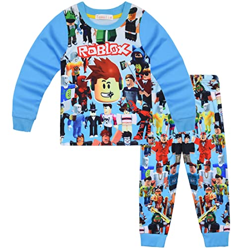 Temolie Roblox Schlafanzug für Jungen, kurzärmelig, T-Shirt, Hose, Nachtwäsche, Mädchen, 3D-Gaming-Charakter, Nachtwäsche, Kinder-Pyjama, 2 Stück, Blau 2, 12-13 Jahre von Temolie