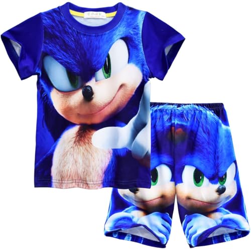 Sonic The Hedgehog Schlafanzug Sommer Kurzarm Pyjama Set für Jungen Mädchen Cartoon Charakter Nachtwäsche Kinder Pyjama T-Shirt (9-10 Jahre, blau) von Temolie