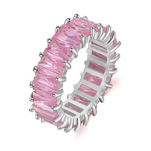 Temoo baguettes-Ring mit rosa Steinen, Eternity-Ringe mit Zirkonia-Design für Frauen, rosa Ringe für Frauen zum Jahrestag, zur Hochzeit von Temoo