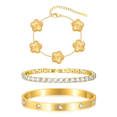 3 Stück Vergoldet Kleeblatt Armband Damen - Kristallen Tennis Armband 6mm Breit Cubic Zirkonia Armreif für Frauen, Wasserfester Tennisarmband mit Edelstahl Armbänder Set Geschenke für Damen, Gold von TempBeau