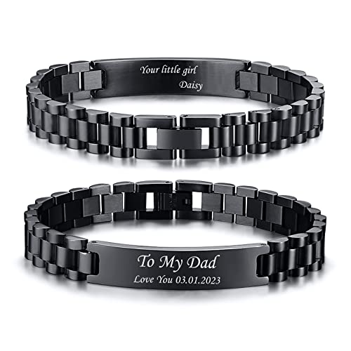 Armband Herren Schwarz Papa Personalisiertes : Geschenk Armreif Edelsathl 21.5cm Gravur Männer Glieder armbänder Junge Schmuck für Dad Geburtstagsgeschenk Vatertagsgeschenk von TempBeau