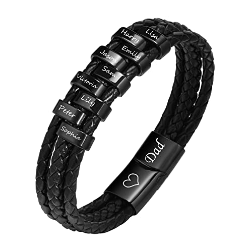 Herren Armband Personalisiertes Lederarmband : Papa Armbänder Schwarz Männer Jungen Leder Personalisierter 9 Namen Armkette Gravur Dad Schmuck von TempBeau