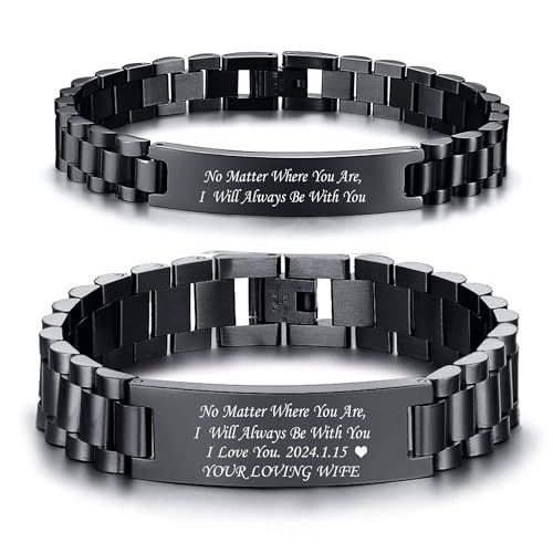 Paar Armband Schwarz Personalisiertes : Geschenk Armkette für Herren Damen Edelsathl 21.5cm Gravur Männer Frauen Glieder armbänder Junge Schmuck für Papa Sohn Geburtstagsgeschenk Vatertagsgeschenk von TempBeau