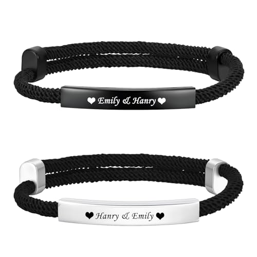 Paar Armband Schwarz Silber Personalisiertes : Surfer Geschenk Armkette für Herren Damen Edelsathl Gravur Männer Frauen Paracord armbänder Junge Schmuck für Papa Sohn Geburtstagsgeschenk von TempBeau