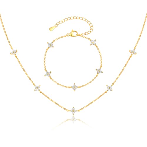 Armband Damen Halskette Damen Schmucksets - 18K Vergoldet Halskette Blume Kette Wasserfest mit Cubic Zirkonia Blumen, Schmucksets für Frauen Gold Silber, Modeschmuck Geschenk für Hochzeit Geburtstag von TempBeau