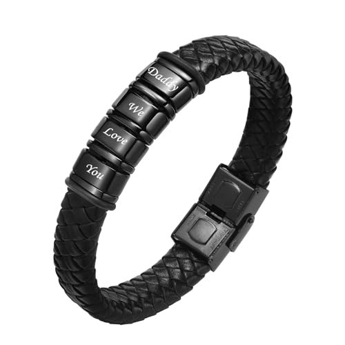 TempBeau Armbänder Herren Personalisierte Geschenke : Papa Lederarmband Schwarz Silber Leder Armkette Länge Einstellbar Opa Armband Schwarz Silber für Männer Daddy Freund Modeschmuck Vatertag (4Name) von TempBeau