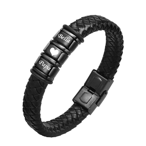 TempBeau Armbänder Herren Personalisierte Geschenke : Papa Lederarmband Schwarz Silber Leder Armkette Länge Einstellbar Opa Armband Schwarz Silber für Männer Daddy Freund Modeschmuck Vatertag (3Name) von TempBeau