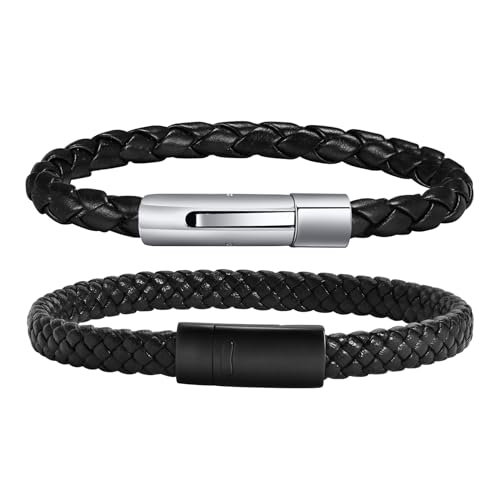 TempBeau Armband Herren Leder Schwarz : 2Pcs Lederarmband Set 21cm Echtes Leder Geflochten Mode-schmuck Armbänder für Männer Papa Tolle Geschenkidee von TempBeau