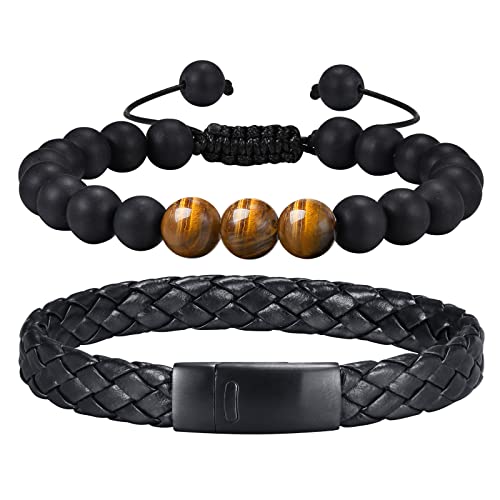 TempBeau Armband Herren Leder Schwarz : 2Pcs Lederarmband Set 21cm Perlen Echtes Leder Geflochten Mode-schmuck Armbänder für Männer Papa Tolle Geschenkidee von TempBeau