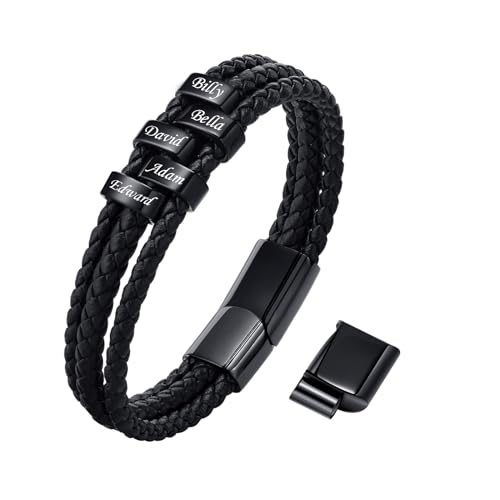 TempBeau Armband Herren Personalisierte Geschenke : Papa Lederarmband Schwarz Silber Leder Armkette Länge Einstellbar Opa Armbänder Schwarz Silber für Männer Daddy Freund Modeschmuck Vatertag (5Name) von TempBeau