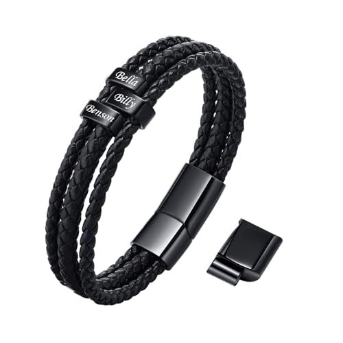 TempBeau Armband Herren Personalisierte Geschenke : Papa Lederarmband Schwarz Silber Leder Armkette Länge Einstellbar Opa Armbänder Schwarz Silber für Männer Daddy Freund Modeschmuck Vatertag (3Name) von TempBeau