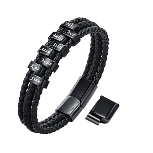 TempBeau Armband Herren Personalisierte Geschenke : Papa Lederarmband Schwarz Silber Leder Armkette Länge Einstellbar Opa Armbänder Schwarz Silber für Männer Daddy Freund Modeschmuck Vatertag (8Name) von TempBeau