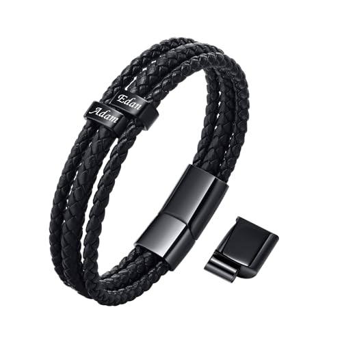 TempBeau Armband Herren Personalisierte Geschenke : Papa Lederarmband Schwarz Silber Leder Armkette Länge Einstellbar Opa Armbänder Schwarz Silber für Männer Daddy Freund Modeschmuck Vatertag (2Name) von TempBeau