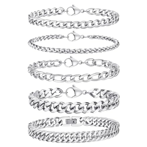 TempBeau Armband Herren Silber Armreif : 5Pcs Armbänder für Männer Edelstahl 21cm Armreif Panzerkette Hip Hop Rapper Glieder Link Armkette Modeschmuck fur papa freund Schmuck Geschenk von TempBeau