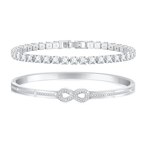 TempBeau Armband Damen Gold Silber Tennisarmband - Kristallen Tennis Armband 6mm Breit Cubic Zirkonia Armreif für Frauen, Wasserfester Tennisarmband mit Edelstahl Armbänder Set Geschenke für Damen von TempBeau