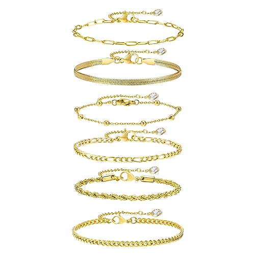 TempBeau Damen Armband Gold Set : 6Pcs Ketten Armbänder für Frauen Glitzer Armkette Twist Figaro Kettenarmbänder Verstellbar Modeschmuck Gold Schmuck Geschenk für Mädchen Mama Tochter Freund von TempBeau