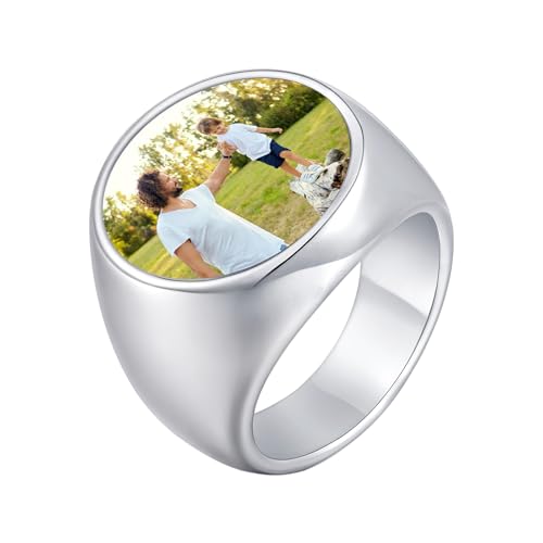 Herren Siegelring Personalisierbar mit Farbbild - Edelstahl Ring Gravur Individuell für Männer Jungen, Silber Personalized Fotogravur mit Runde/Eckige Platte, Ehering Verlobungsring Zeitloses Geschenk von TempBeau