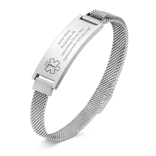 TempBeau Notfallarmband Erwachsene Armband Personalisiert, Medizinisches Armband mit Gravur für Männer Frauen, Verstellbar Uhrenarmband aus Edelstahl für Allergien Diabetes Epilepsie - 8 MM (Silber) von TempBeau