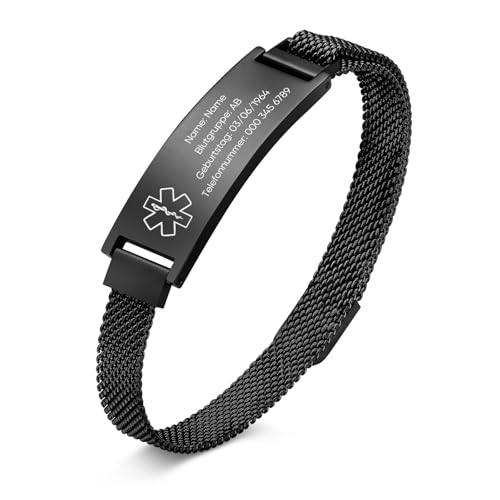 TempBeau Notfallarmband Erwachsene Armband Personalisiert, Medizinisches Armband mit Gravur für Männer Frauen, Verstellbar Uhrenarmband aus Edelstahl für Allergien Diabetes Epilepsie - 8 MM (Schwarz) von TempBeau
