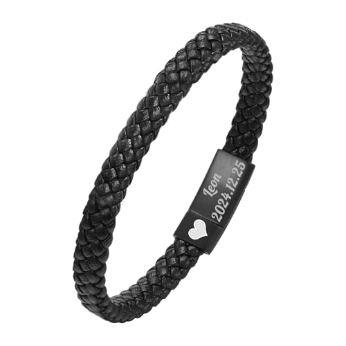 TempBeau Personalisierte Armband Herren Leder Schwarz : Gravur Lederarmband 21cm Echtes Leder Geflochten Mode-schmuck Armbänder für Männer Papa Sohn Tolle Geschenkidee von TempBeau