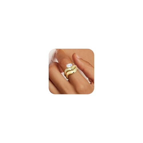TempBeau Ringe Gold Damen Ring Set, 2 Stück Fingerring aus Kupfer mit Zirkonia für Frauen Freundin Mama, 14K Vergoldet Ringe Gold Wasserfest Stapelbar für Geburtstag Jahrestag Hochzeit (06/52(16.6)) von TempBeau