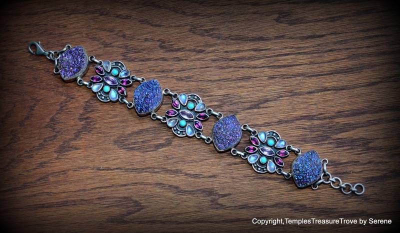 Mondstein Amethyst Druzy Türkis Turmalin Cluster Armband ~ Nicky Butler Multi-steine Für Mutter Göttin von TemplesTreasureTrove