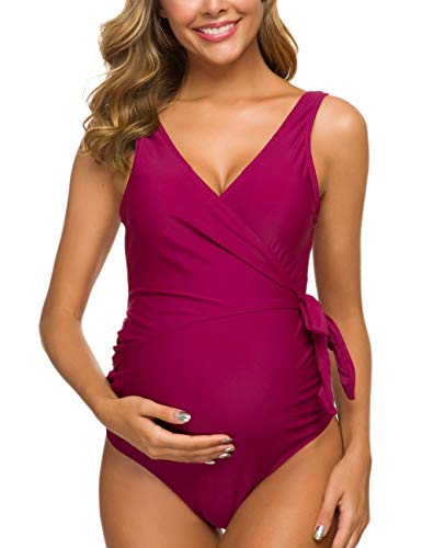 Tempotrek Umstands-Badeanzug Einteiler Elegant V Ausschnitt Schwangerschaft Bademode Tie Front Bowknot Badeanzug Monokini, burgunderfarben, Medium von Tempotrek